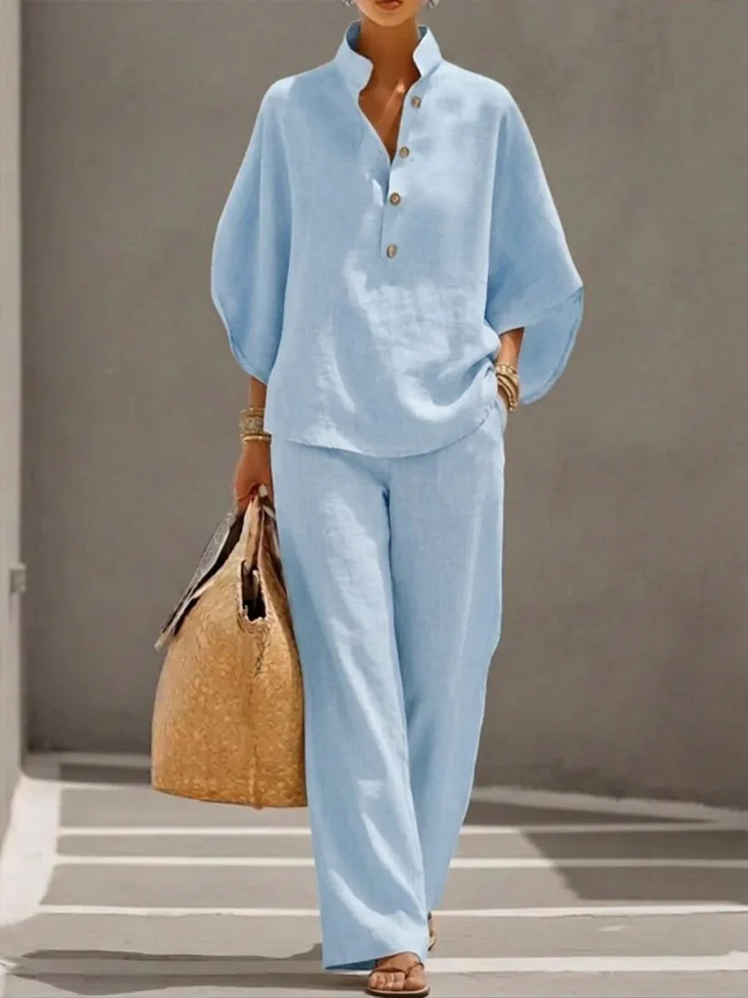 Conjunto Olivia de lino – Blusa de mangas murciélago y pantalón ancho