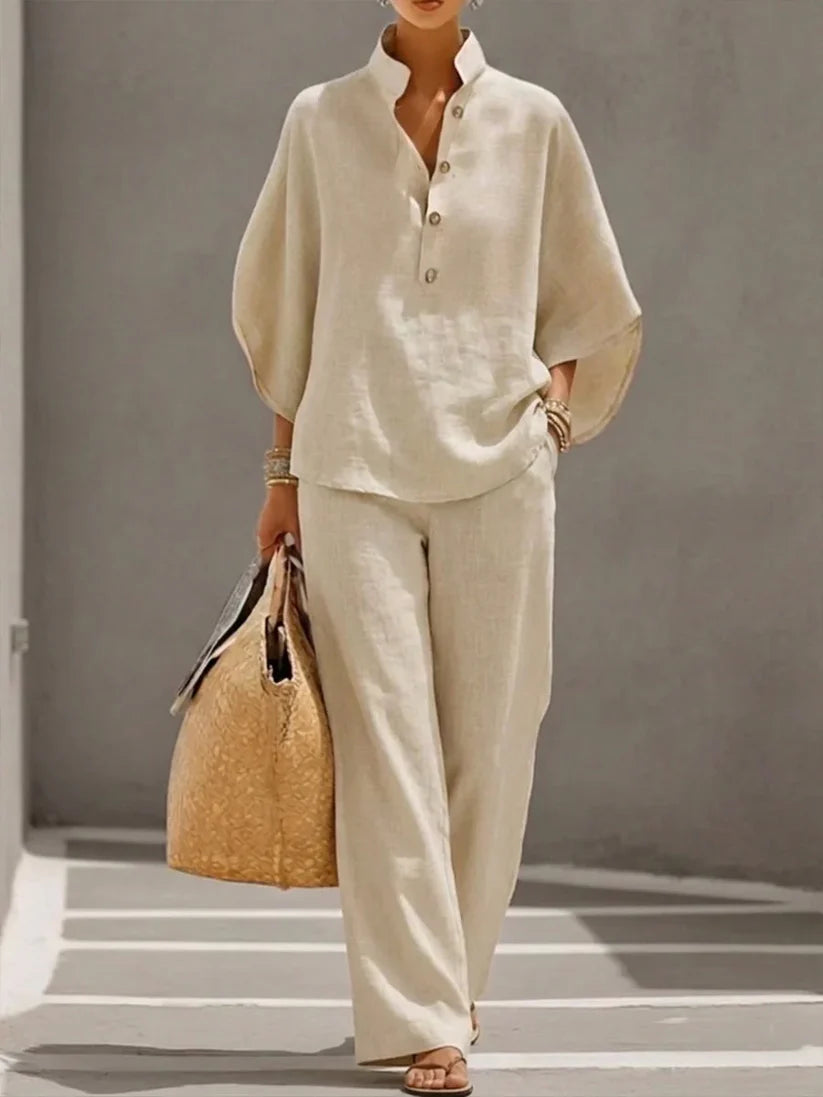 Conjunto Olivia de lino – Blusa de mangas murciélago y pantalón ancho