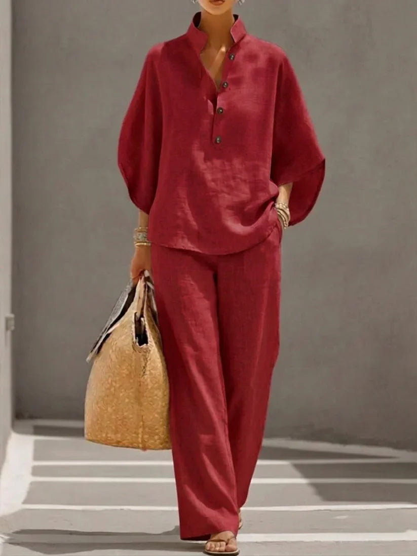 Conjunto Olivia de lino – Blusa de mangas murciélago y pantalón ancho