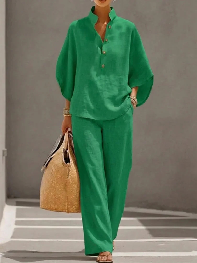 Conjunto Olivia de lino – Blusa de mangas murciélago y pantalón ancho