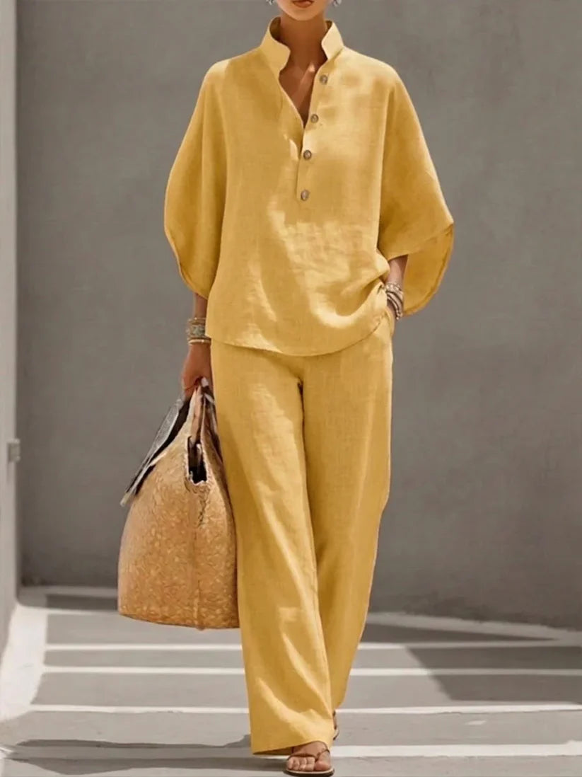 Conjunto Olivia de lino – Blusa de mangas murciélago y pantalón ancho