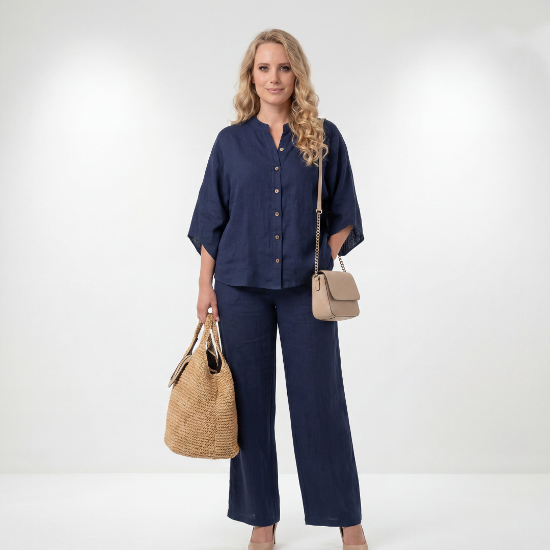Conjunto Olivia de lino – Blusa de mangas murciélago y pantalón ancho