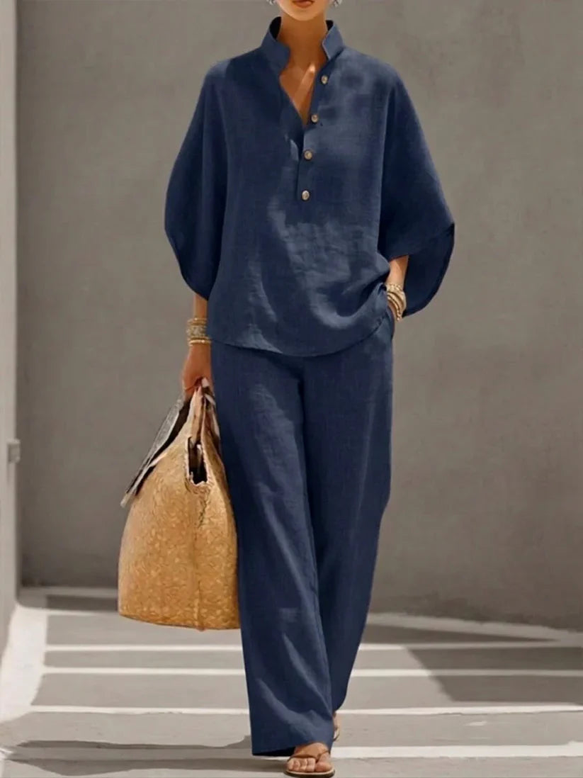Conjunto Olivia de lino – Blusa de mangas murciélago y pantalón ancho